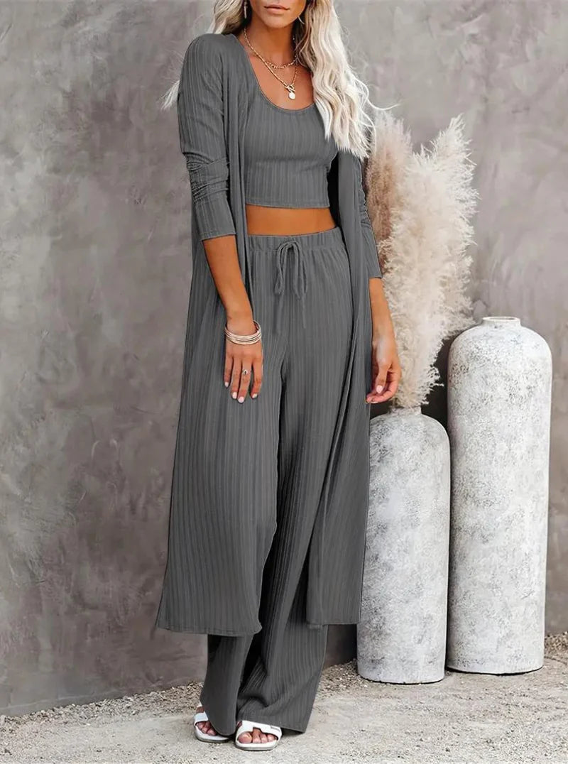 Plus Size Solid Color Cardigan Knitwear With Vest And Casual Pants Three-piece Set