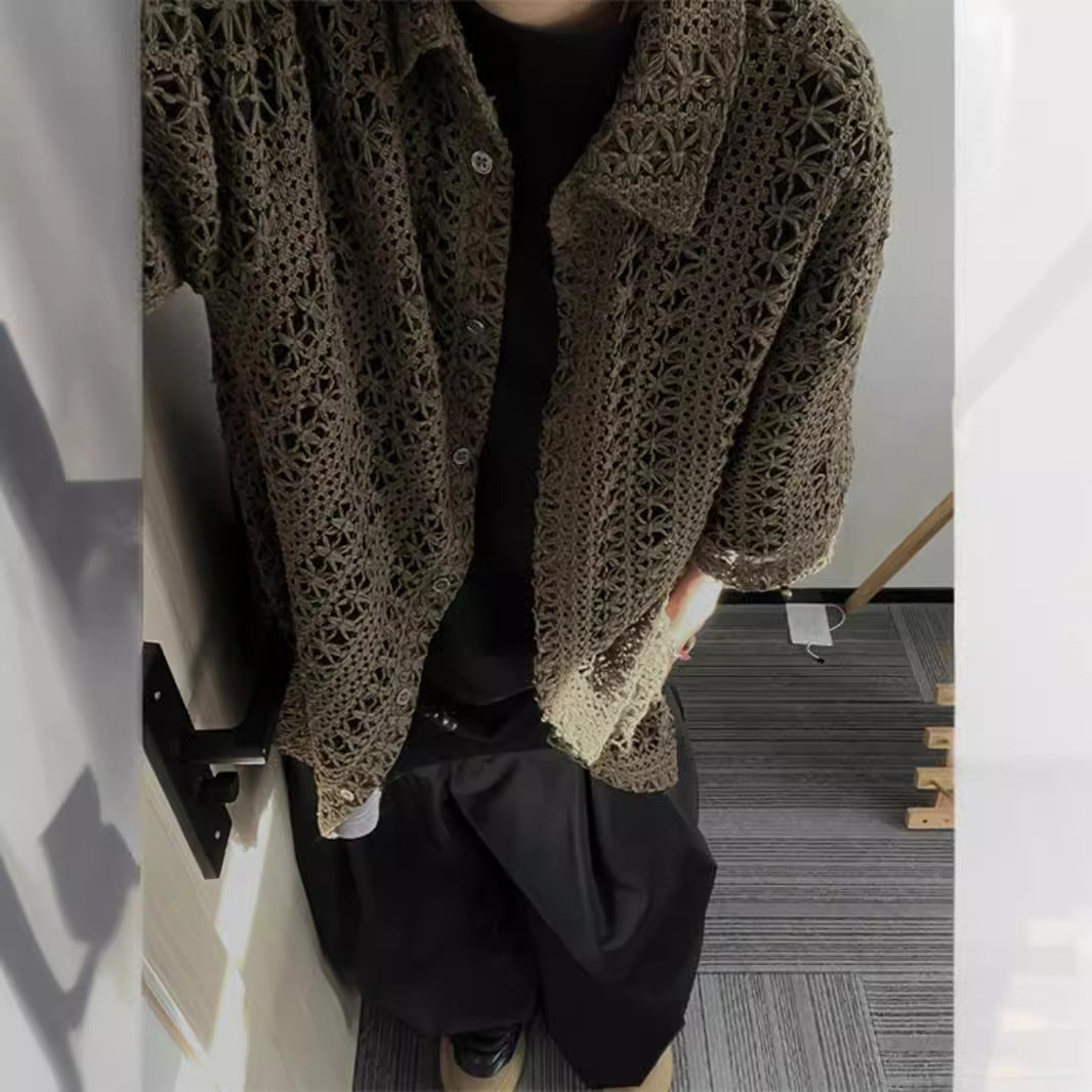 Retro Hollow-out Knitted Short Sleeve Men's Summer