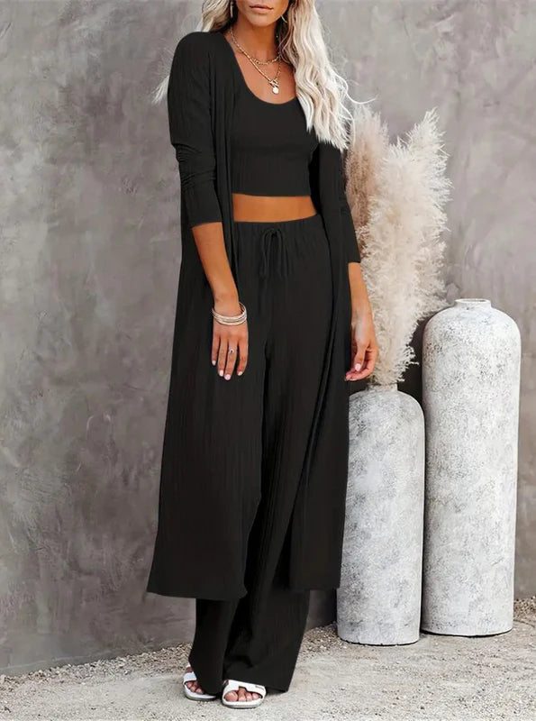 Plus Size Solid Color Cardigan Knitwear With Vest And Casual Pants Three-piece Set