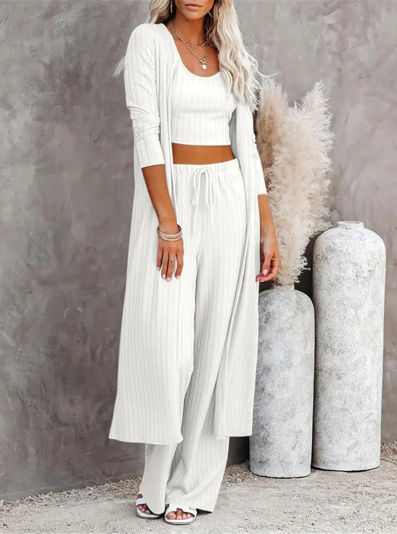 Plus Size Solid Color Cardigan Knitwear With Vest And Casual Pants Three-piece Set